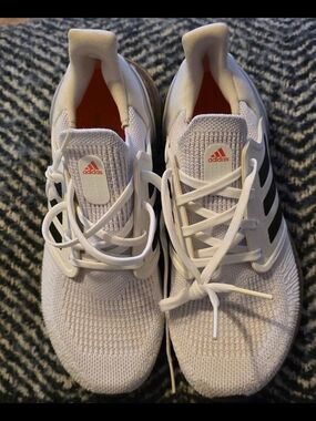Adidas Lightweight Knit Running Shoes in White with Black Stripes